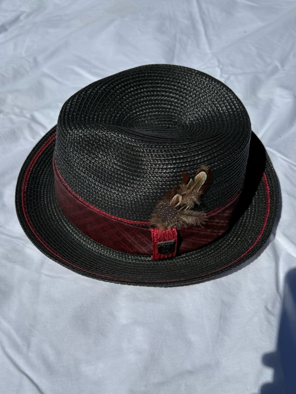 Stacy Adams Black Straw Fedora with Red Accent